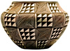 Wide-shouldered black-on-white jar with “fine-line” hatchered squares alternating with solid black and white triangles in a square pattern, from the Acoma Pueblo, New Mexico. 